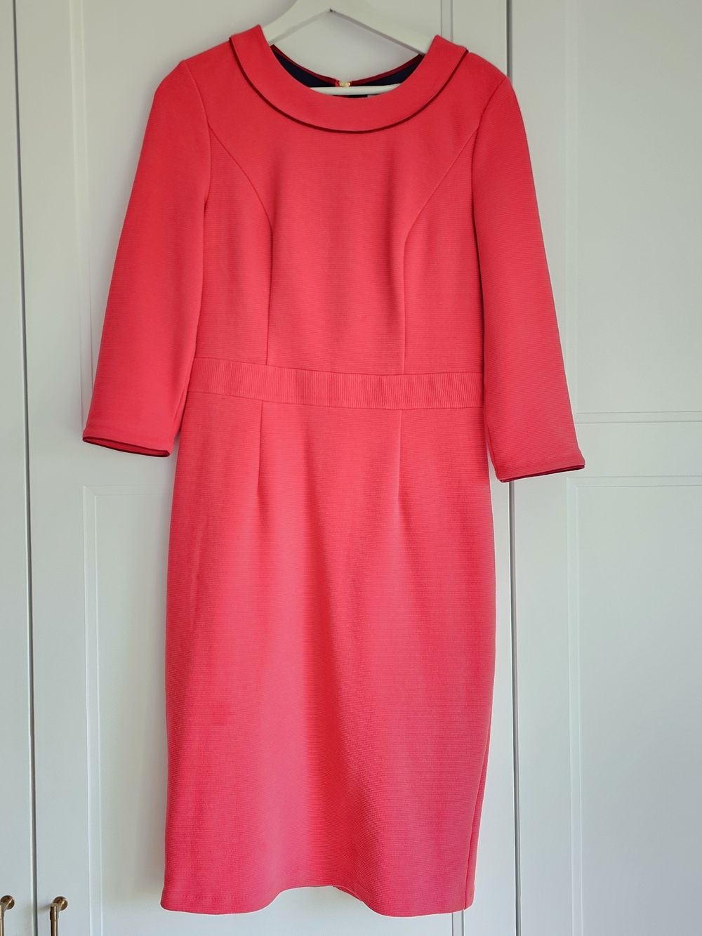 Boden Ottoman Coral Pink Red 3/4 Sleeve Ribbed Midi Sheath Dress